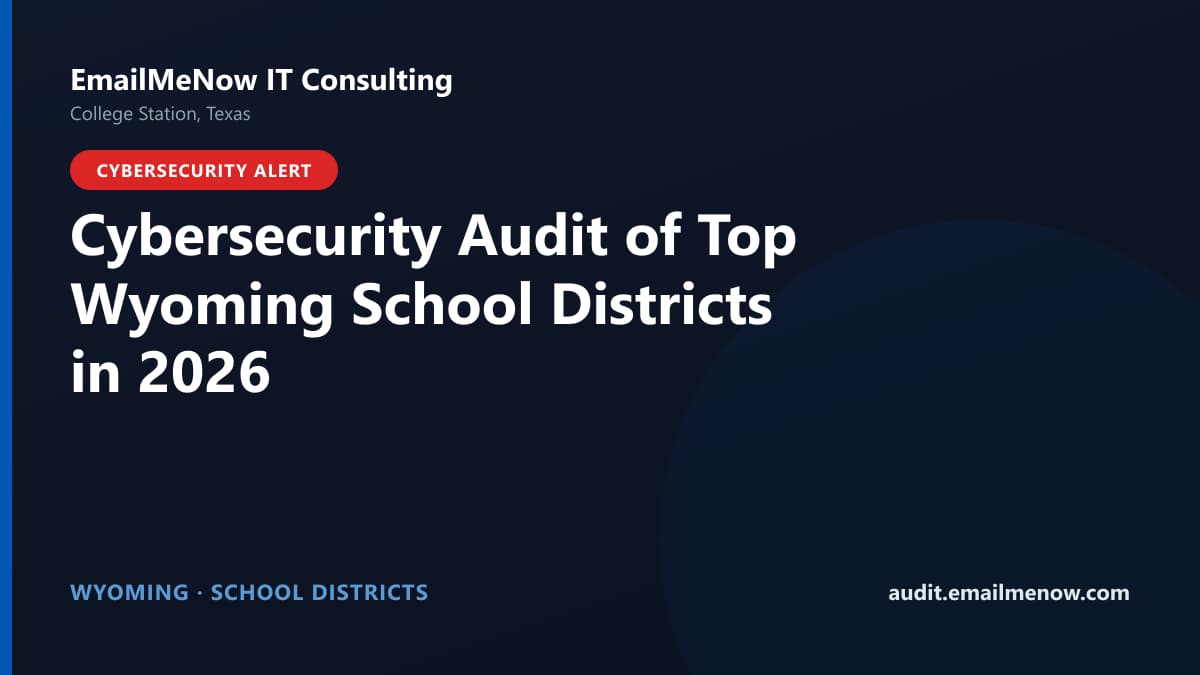 Digital audit dashboard with a Wyoming state map showing cybersecurity scores of major Wyoming school districts